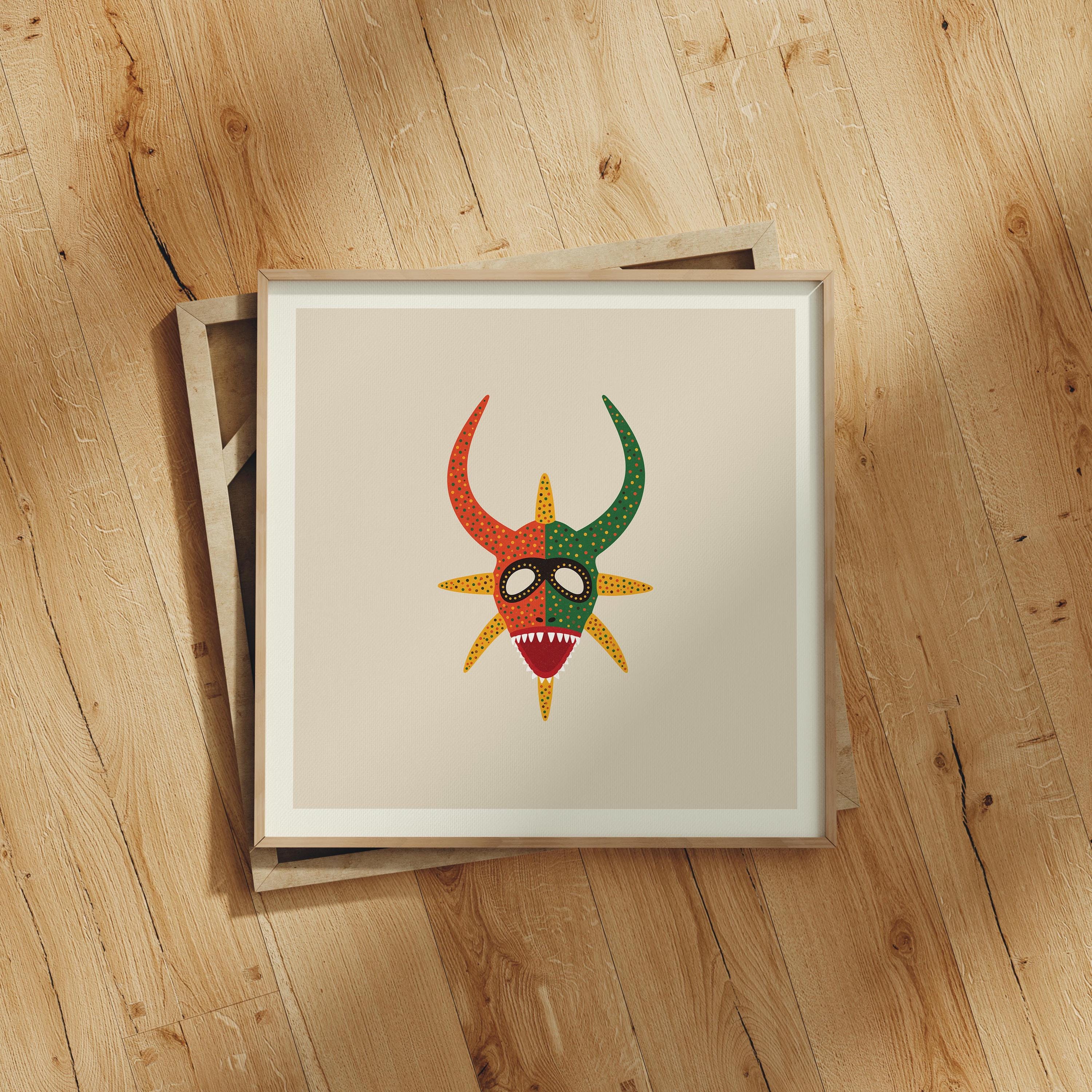 Orange and green vejigante mask art print, Puerto Rico carnival folk art
