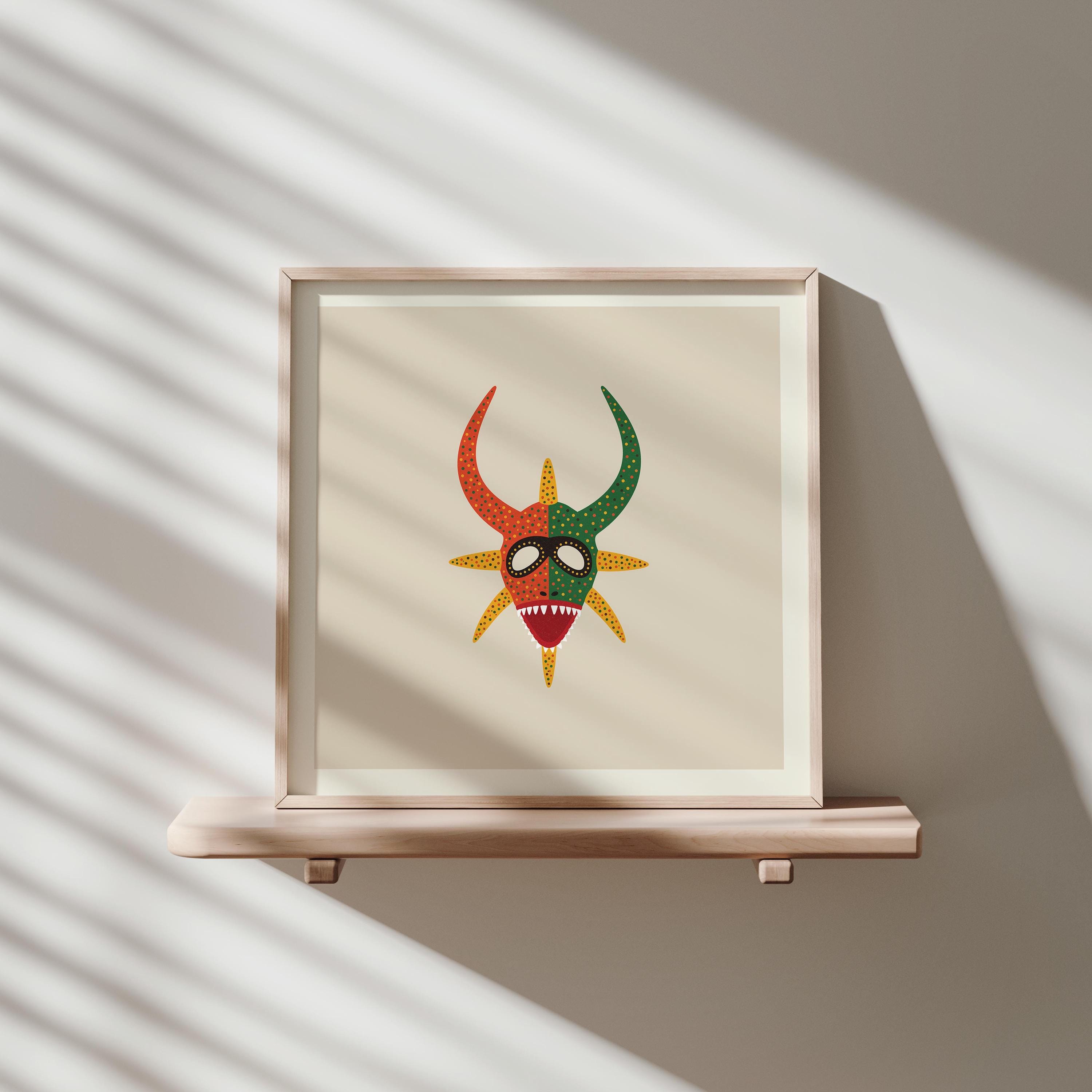 Orange and green vejigante mask art print, Puerto Rico carnival folk art
