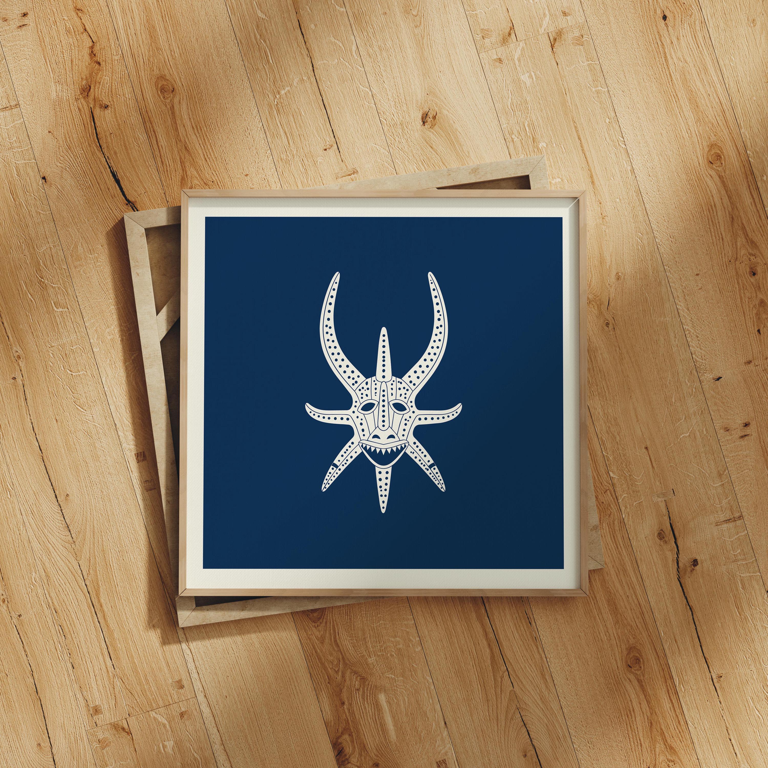 Navy and cream vejigante mask line art print, Puerto Rico