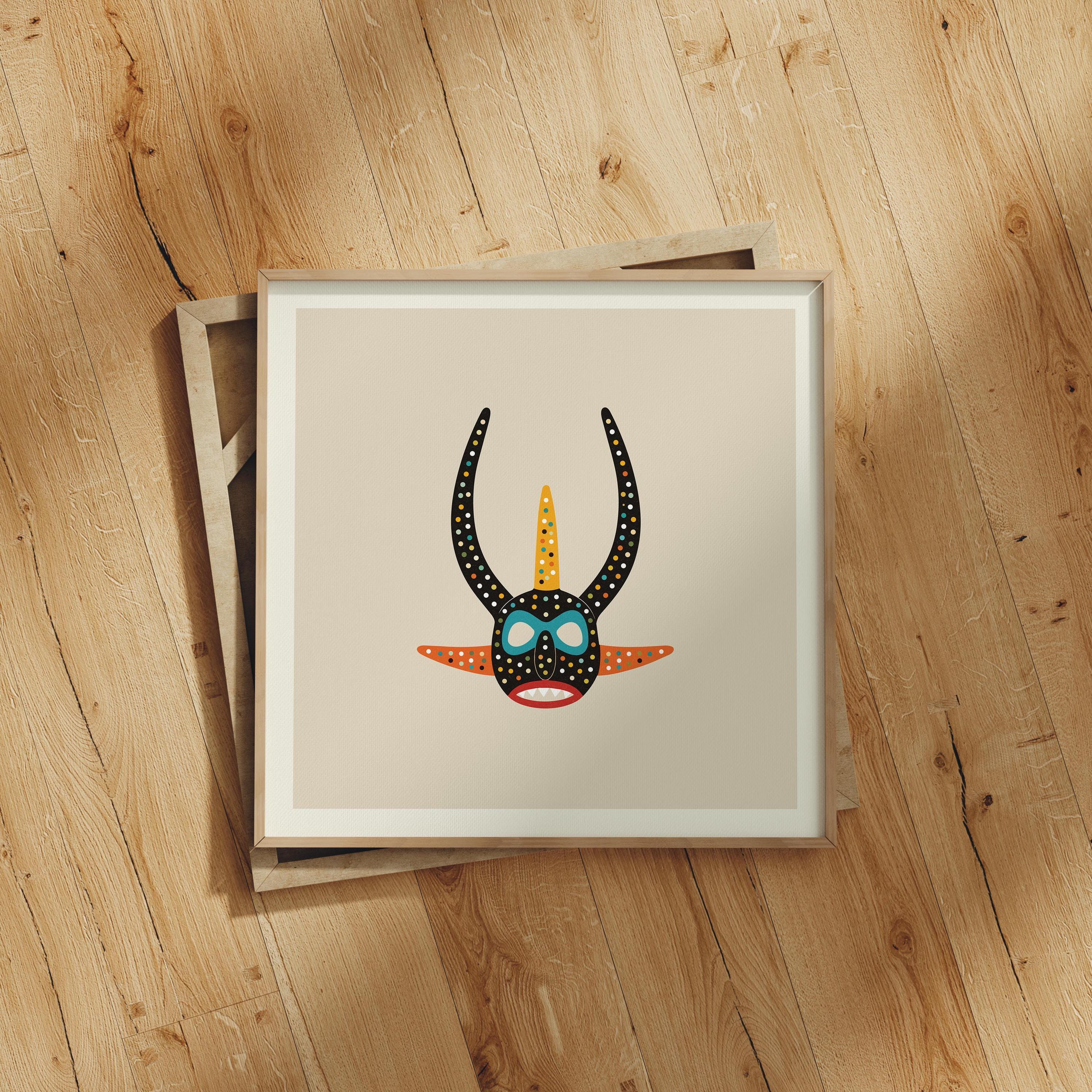 Black and orange vejigante mask art print, Puerto Rico carnival folk art