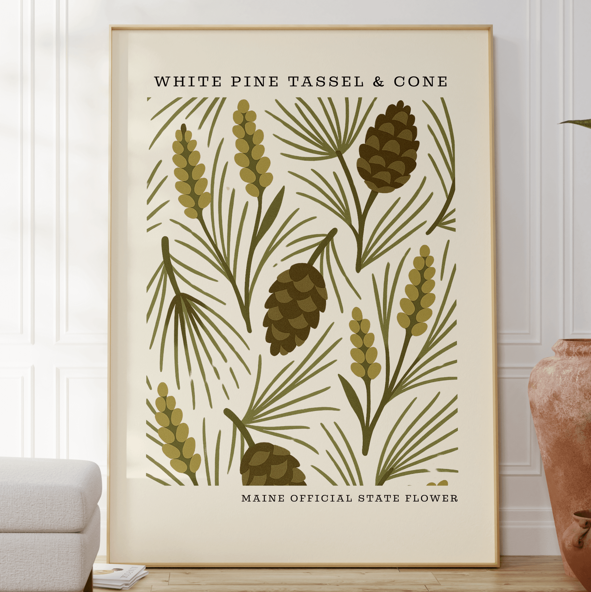 Maine State Flower Art Print – White Pine Cone and Tassel - The FlatFile Society