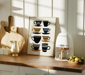 Mid Century Coffee Cups Art Print, Retro Kitchen Wall Decor - The FlatFile Society