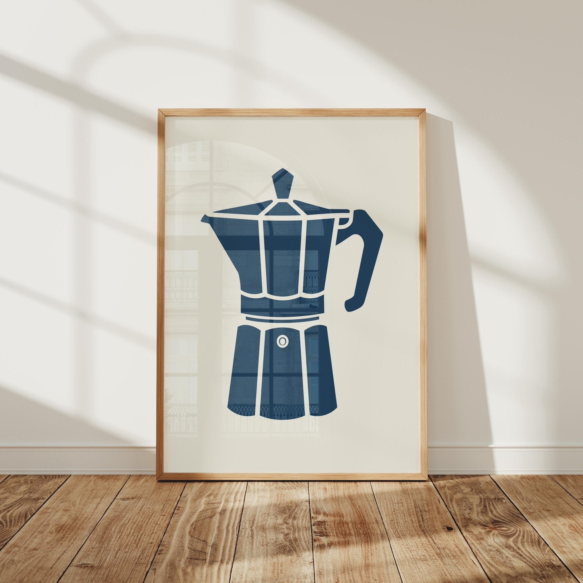 Minimal Moka Pot Art Print, Blue Coffee Kitchen Decor - The FlatFile Society