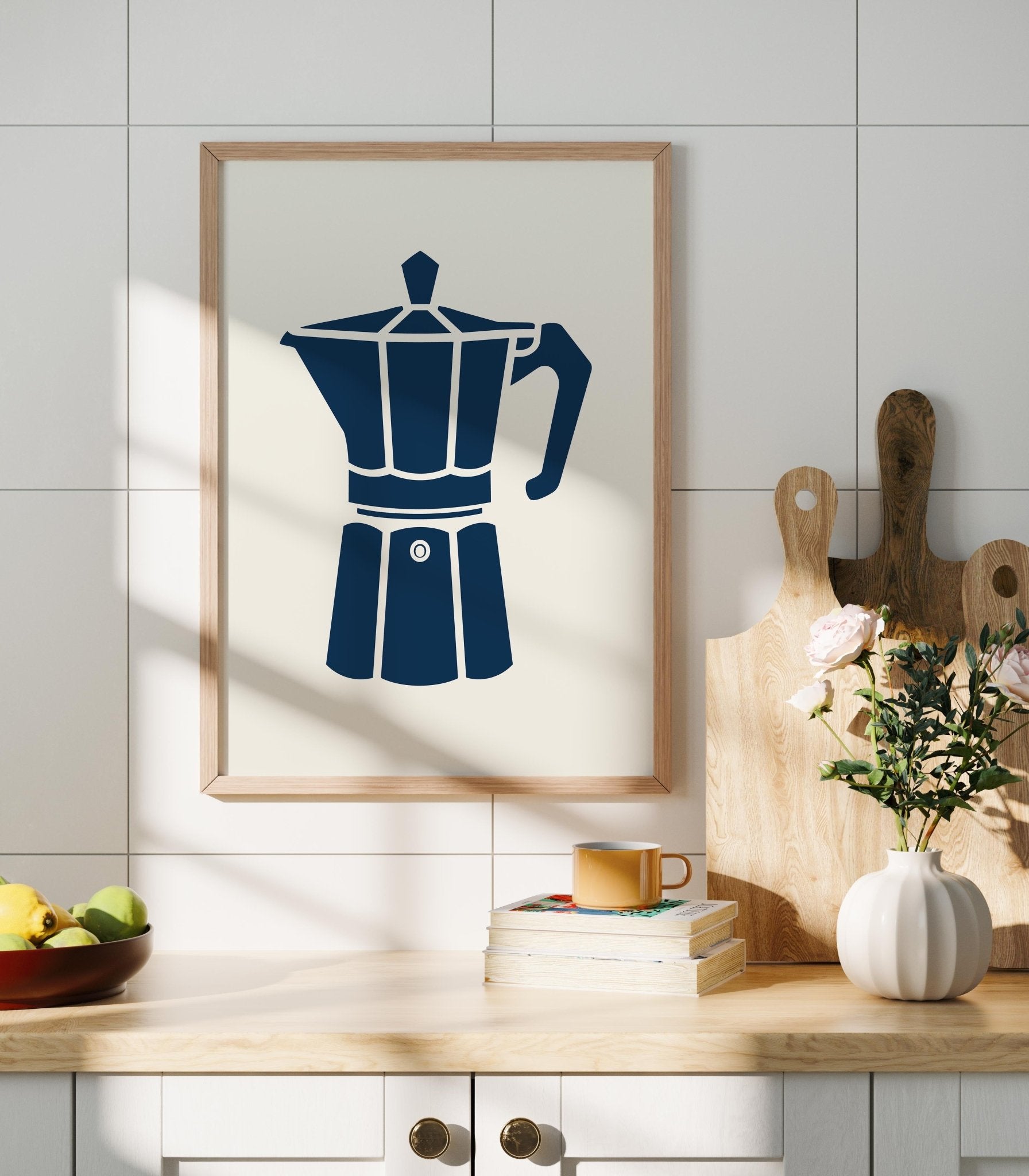 Minimal Moka Pot Art Print, Blue Coffee Kitchen Decor - The FlatFile Society