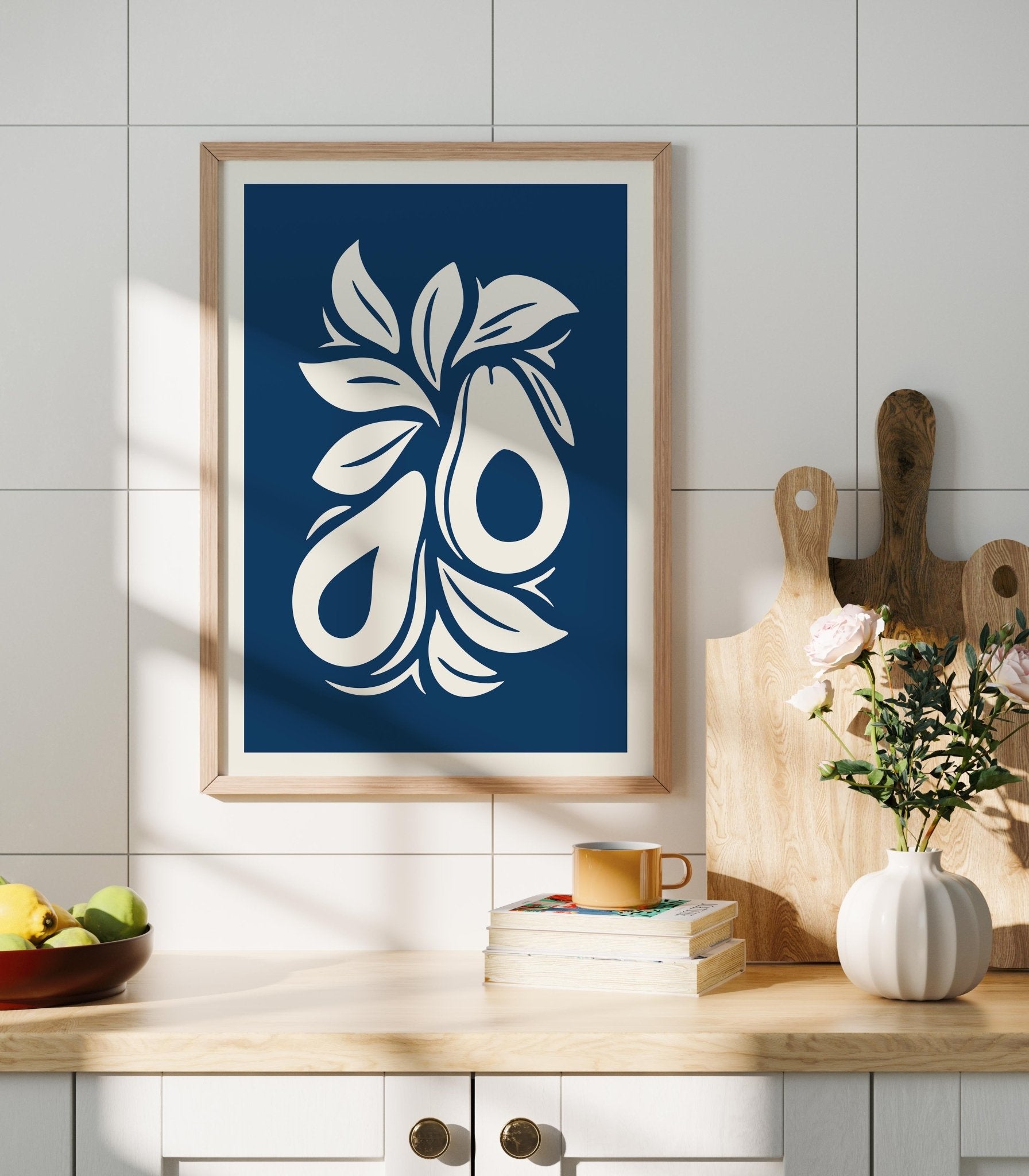Modern Avocado Art Print, Blue Fruit Kitchen Wall Art - The FlatFile Society