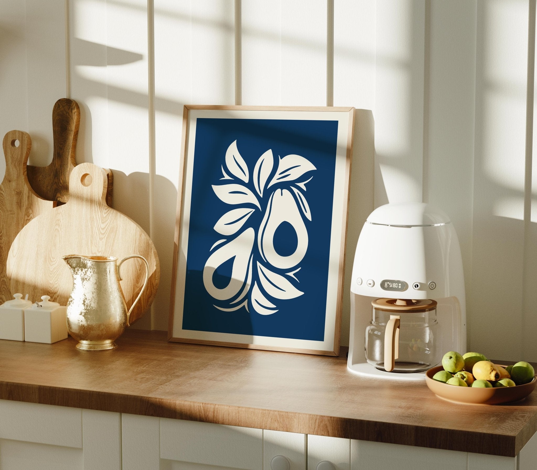 Modern Avocado Art Print, Blue Fruit Kitchen Wall Art - The FlatFile Society
