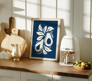 Modern Avocado Art Print, Blue Fruit Kitchen Wall Art - The FlatFile Society
