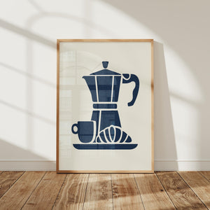 Moka Pot and Croissant Art Print, Coffee Bar Wall Decor - The FlatFile Society
