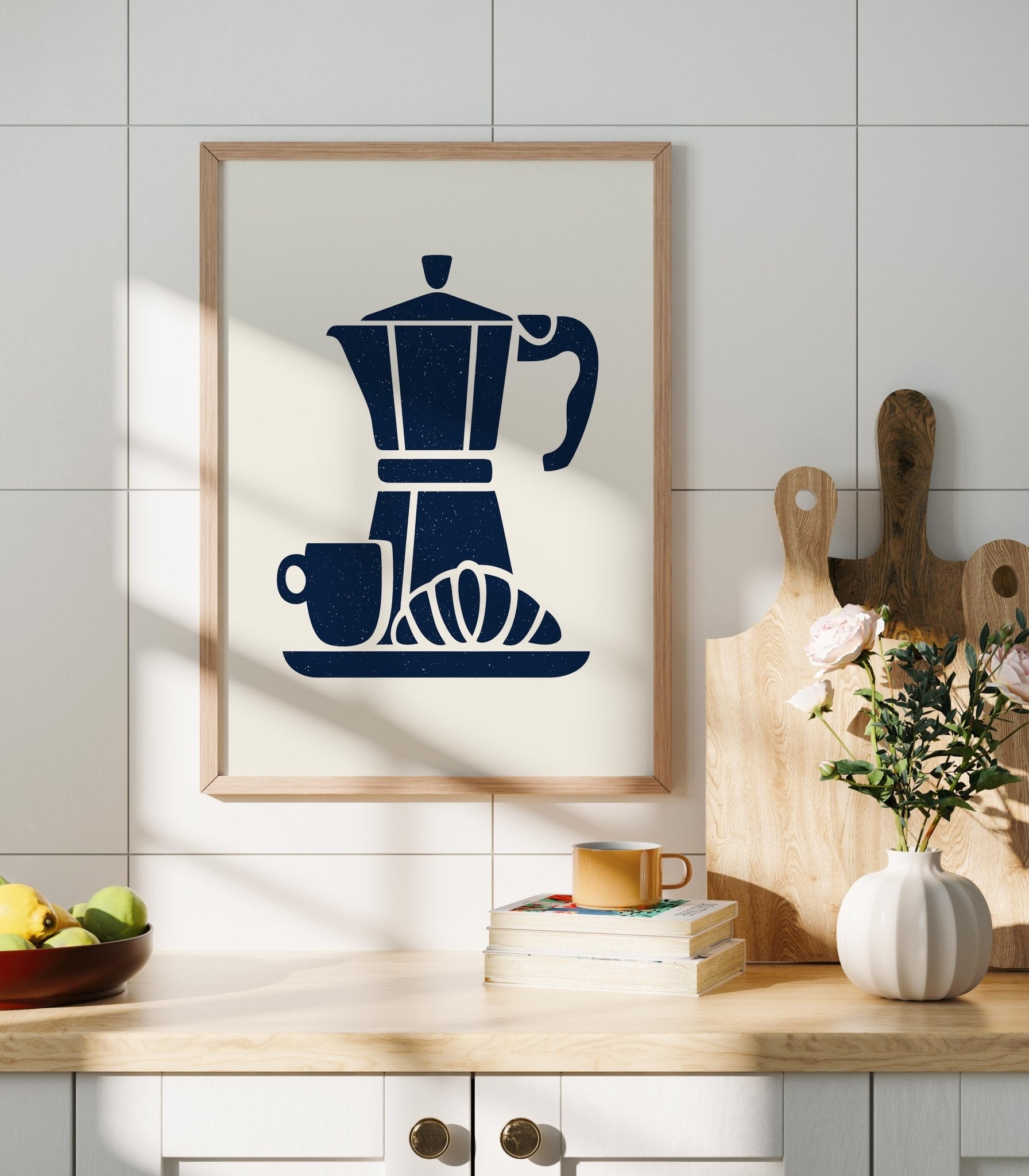 Moka Pot and Croissant Art Print, Coffee Bar Wall Decor - The FlatFile Society