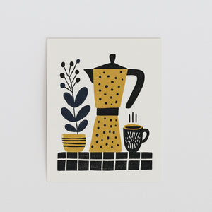 Mustard Coffee Pot Art Print, Folk Kitchen Wall Decor - The FlatFile Society