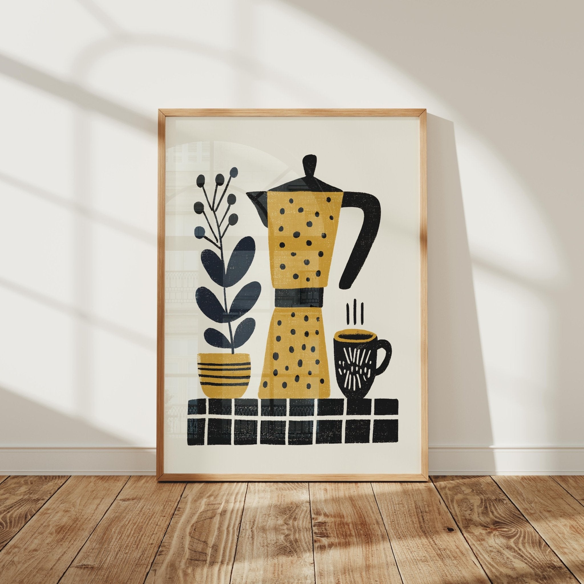 Mustard Coffee Pot Art Print, Folk Kitchen Wall Decor - The FlatFile Society
