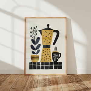 Mustard Coffee Pot Art Print, Folk Kitchen Wall Decor - The FlatFile Society
