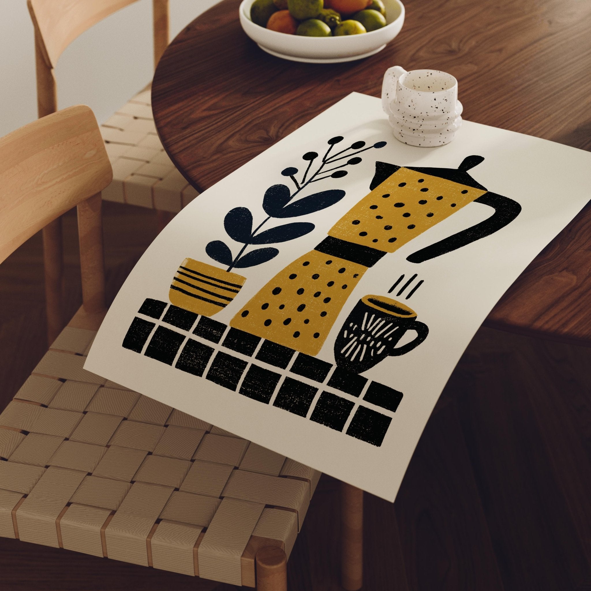 Mustard Coffee Pot Art Print, Folk Kitchen Wall Decor - The FlatFile Society
