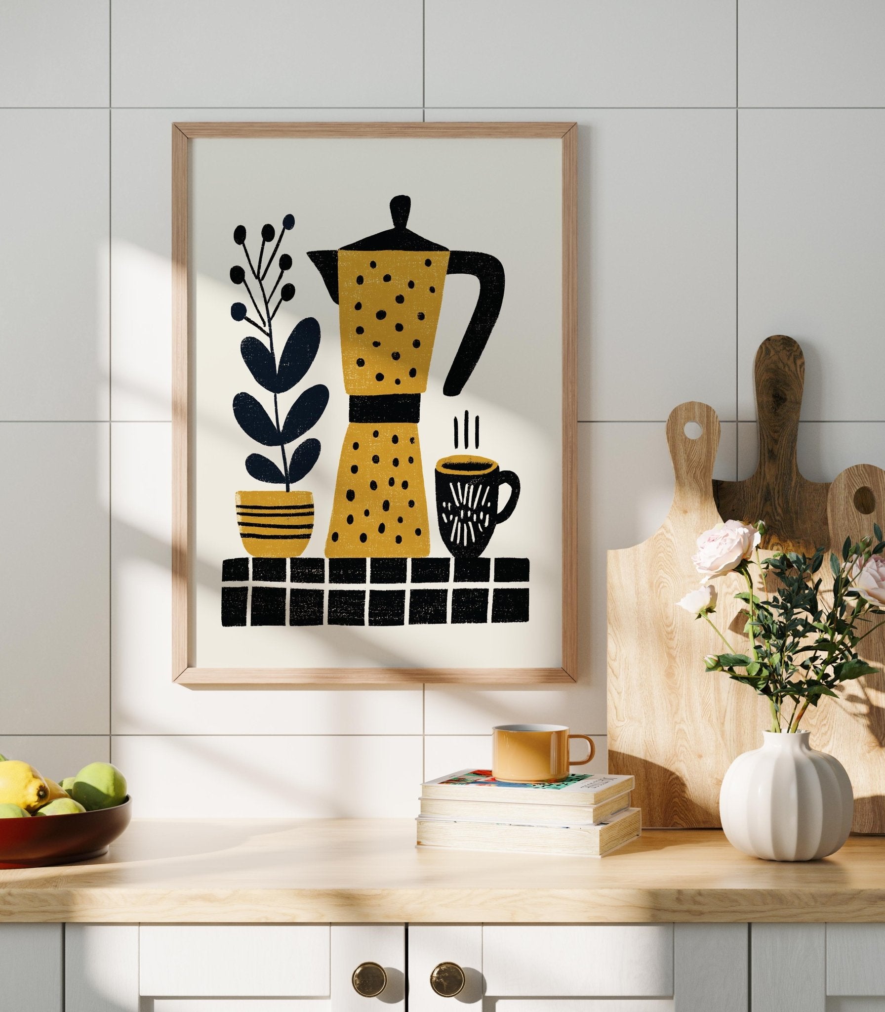 Mustard Coffee Pot Art Print, Folk Kitchen Wall Decor - The FlatFile Society