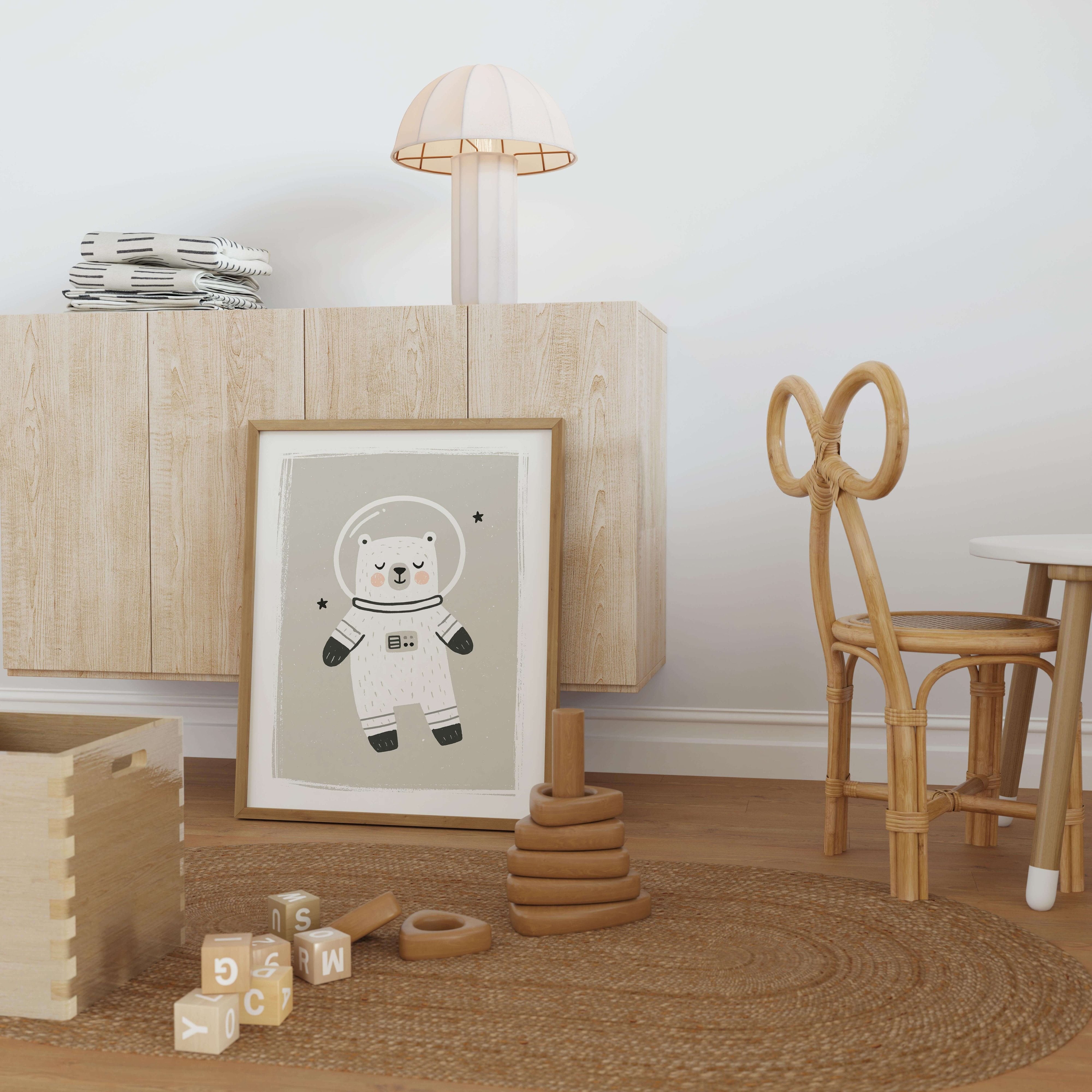 Space Bear Floating Nursery Print - Framed Mockup