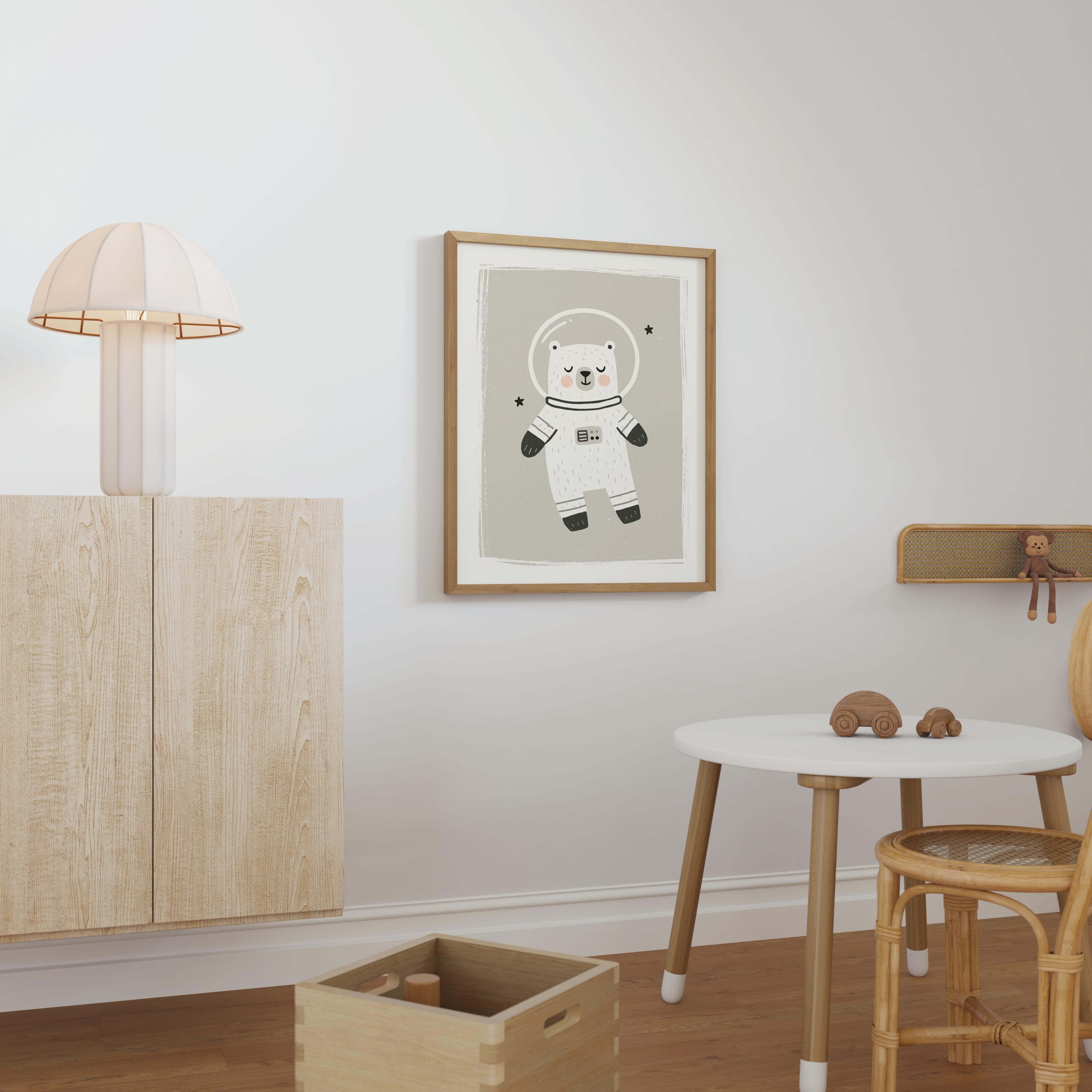 Space Bear Floating Nursery Print - Framed Mockup