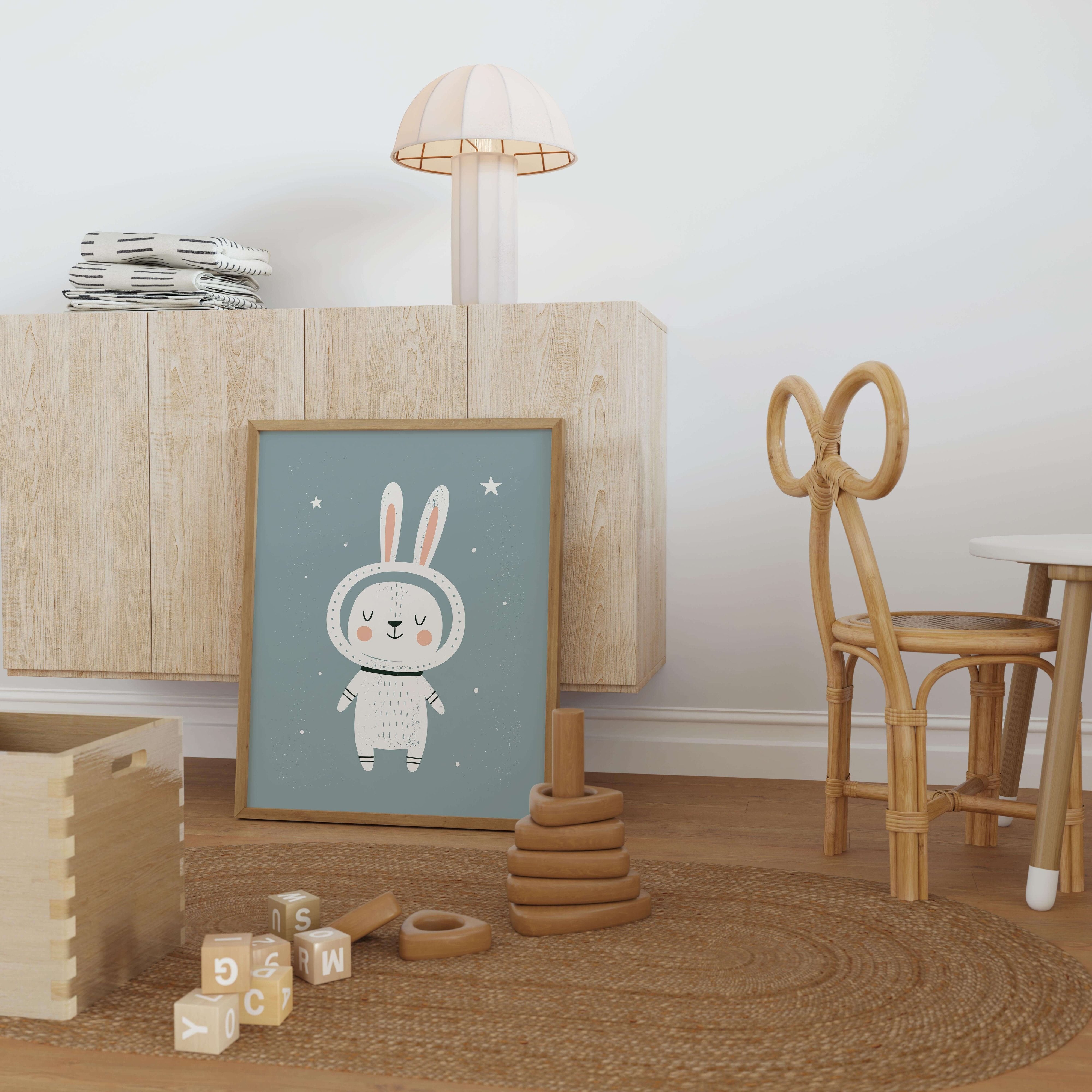Space Bunny Astronaut Nursery Print - Framed Mockup