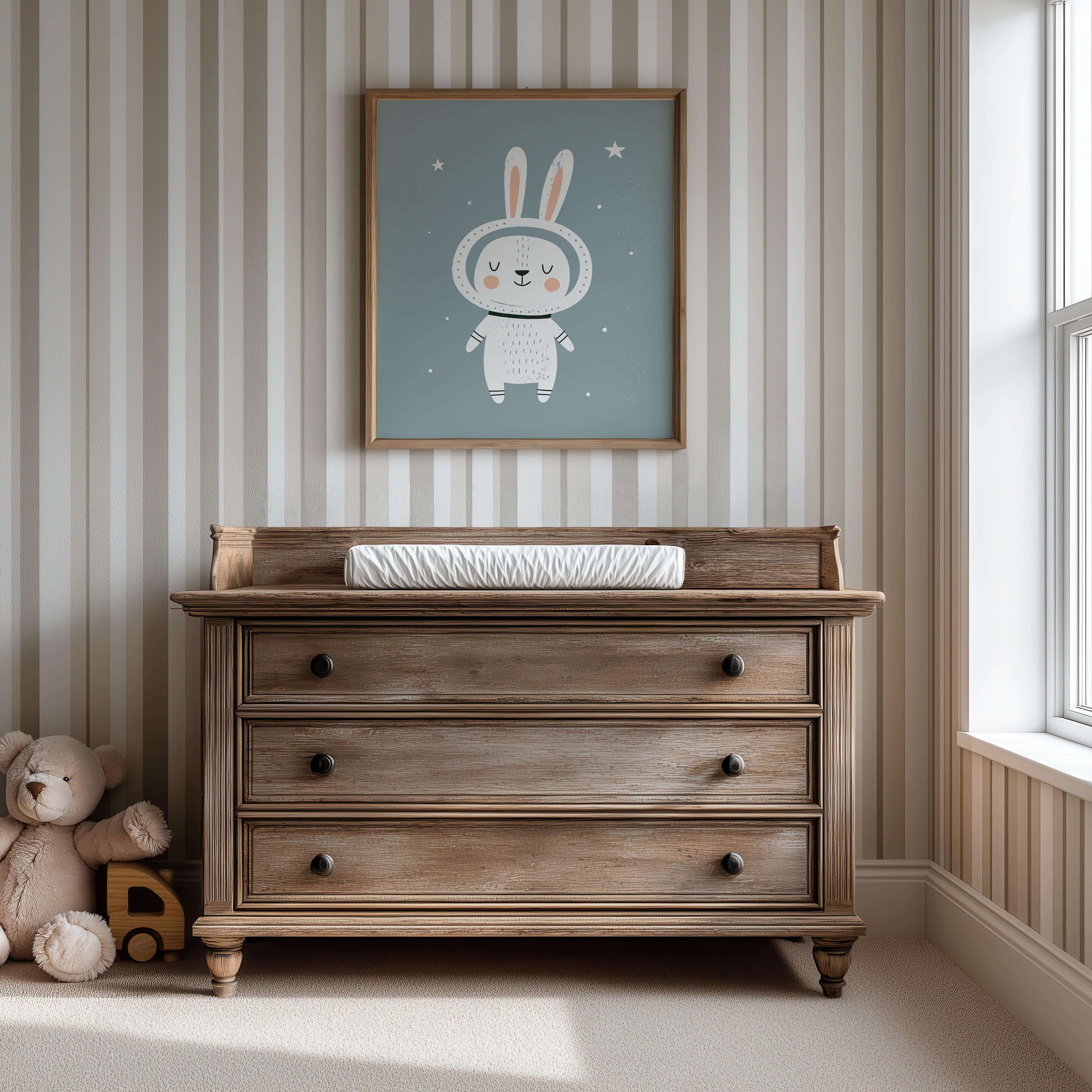 Space Bunny Astronaut Nursery Print - Framed Mockup