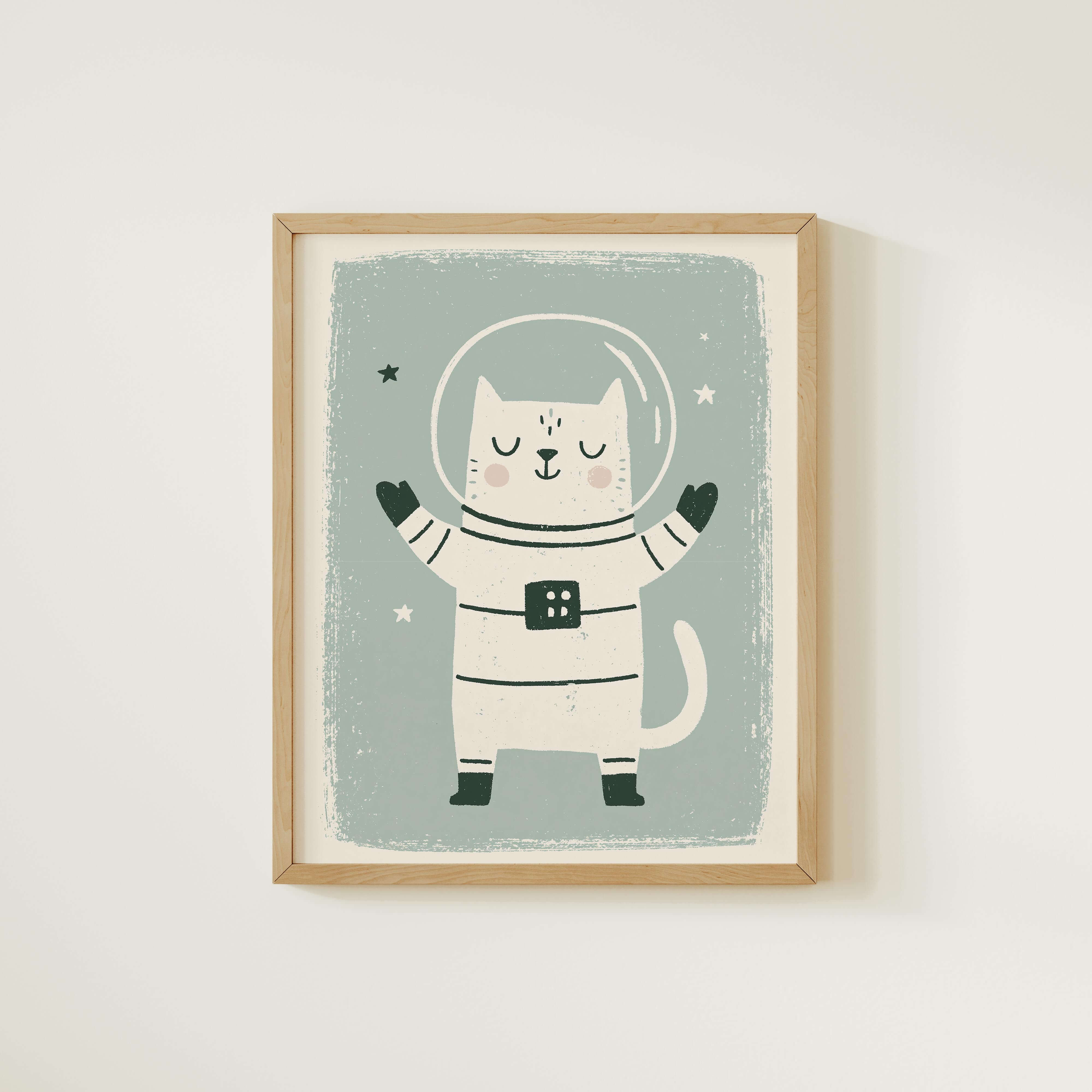 Space Cat Arms Up Nursery Print