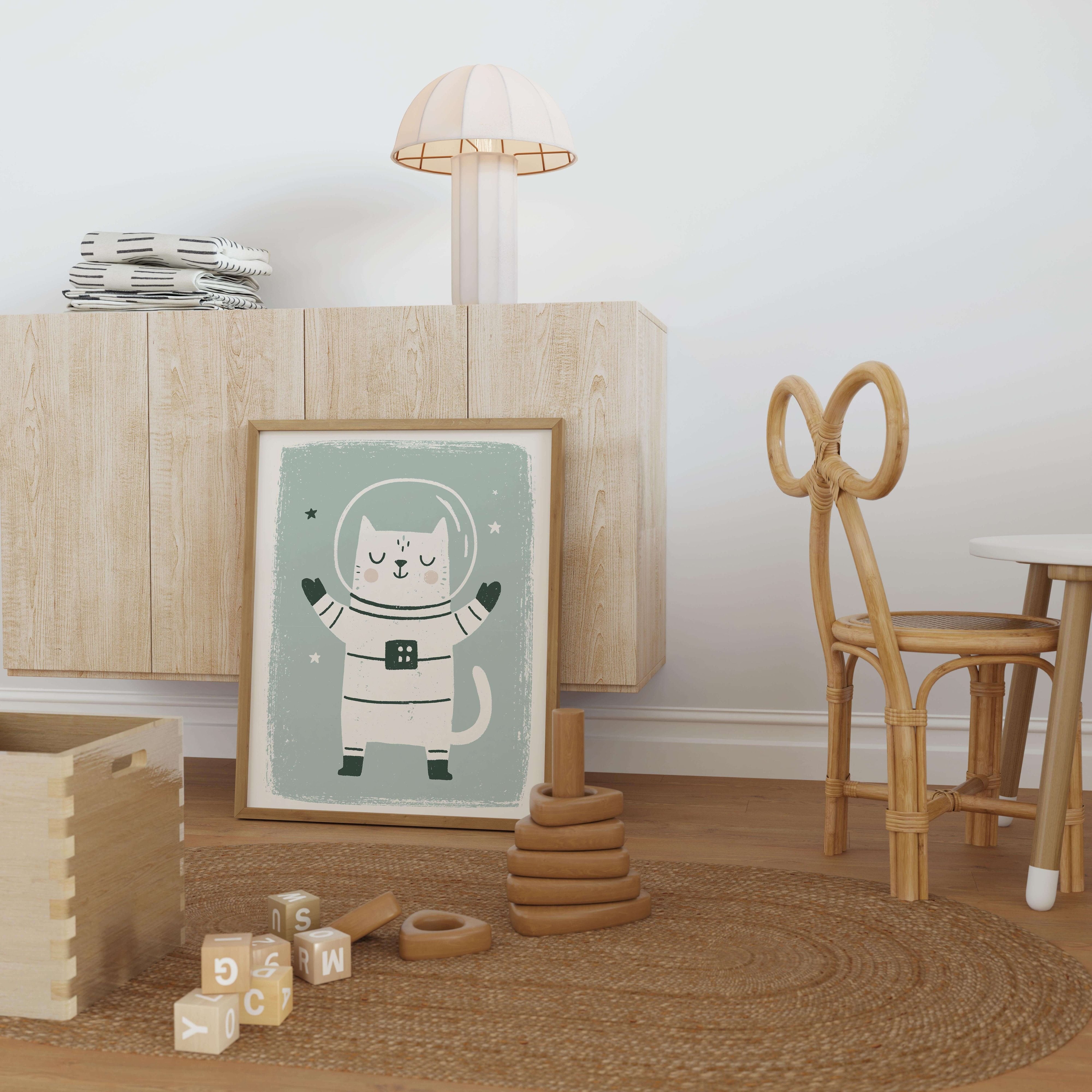 Space Cat Arms Up Nursery Print - Framed Mockup