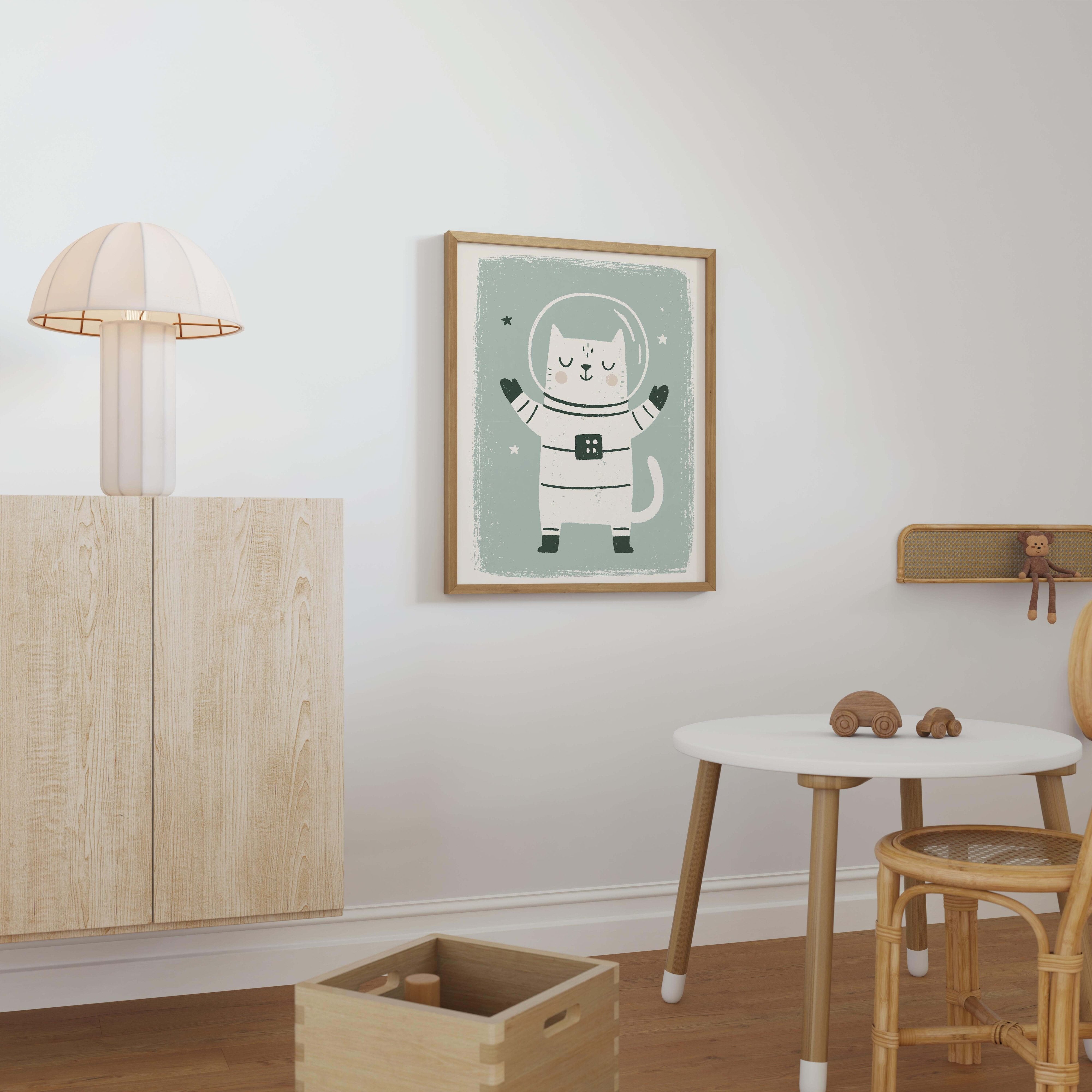 Space Cat Arms Up Nursery Print - Framed Mockup