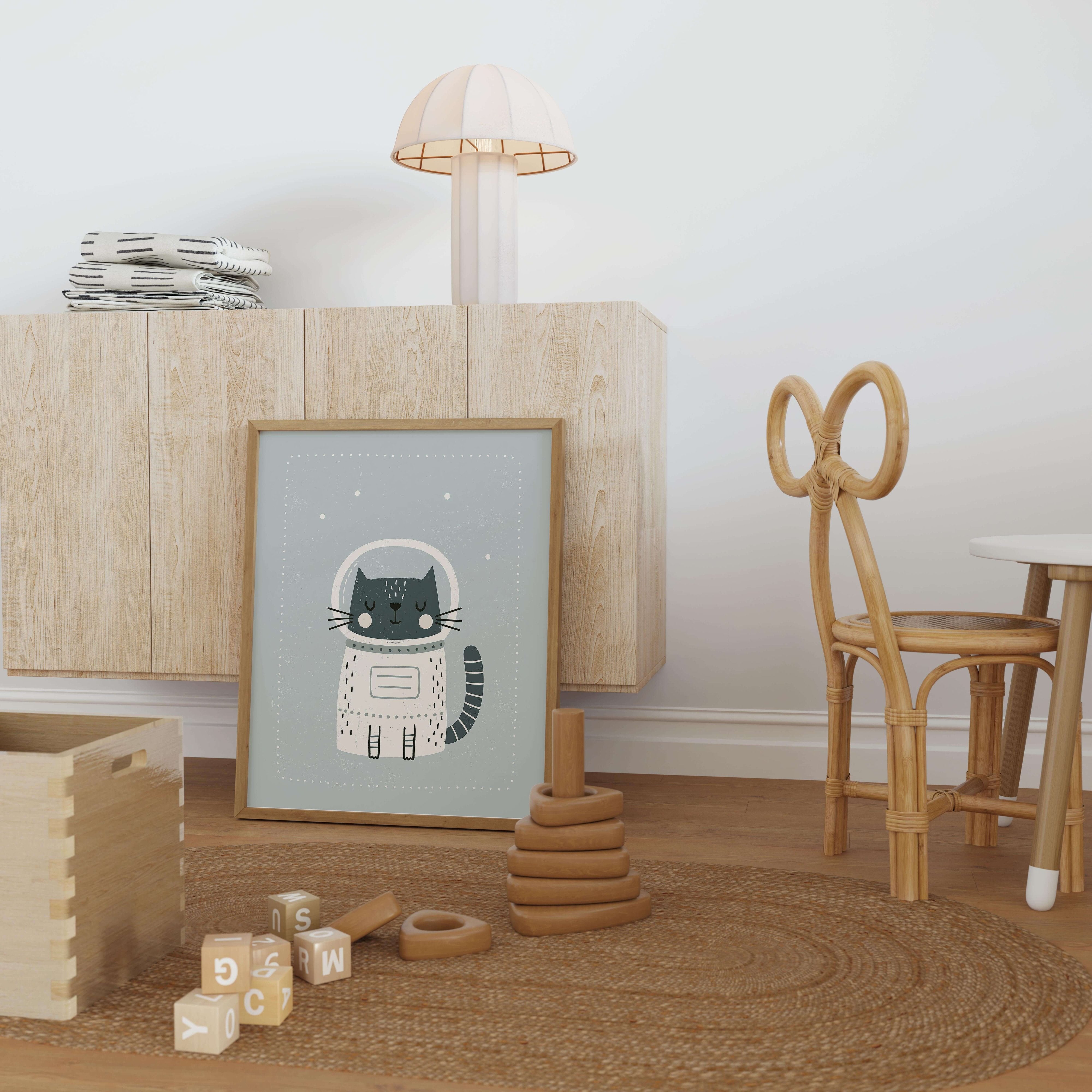 Space Cat Astronaut Nursery Print - Framed Mockup