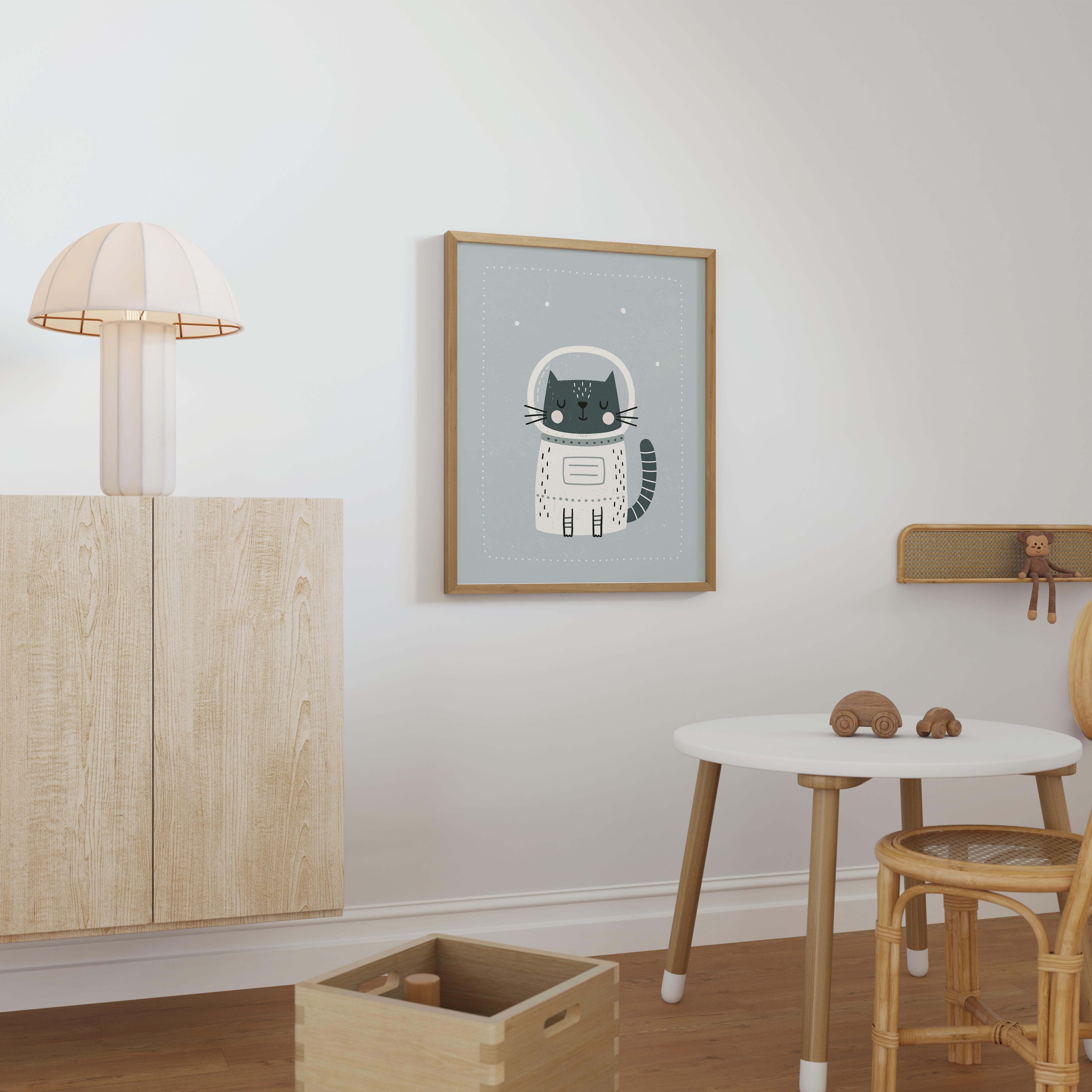 Space Cat Astronaut Nursery Print - Framed Mockup