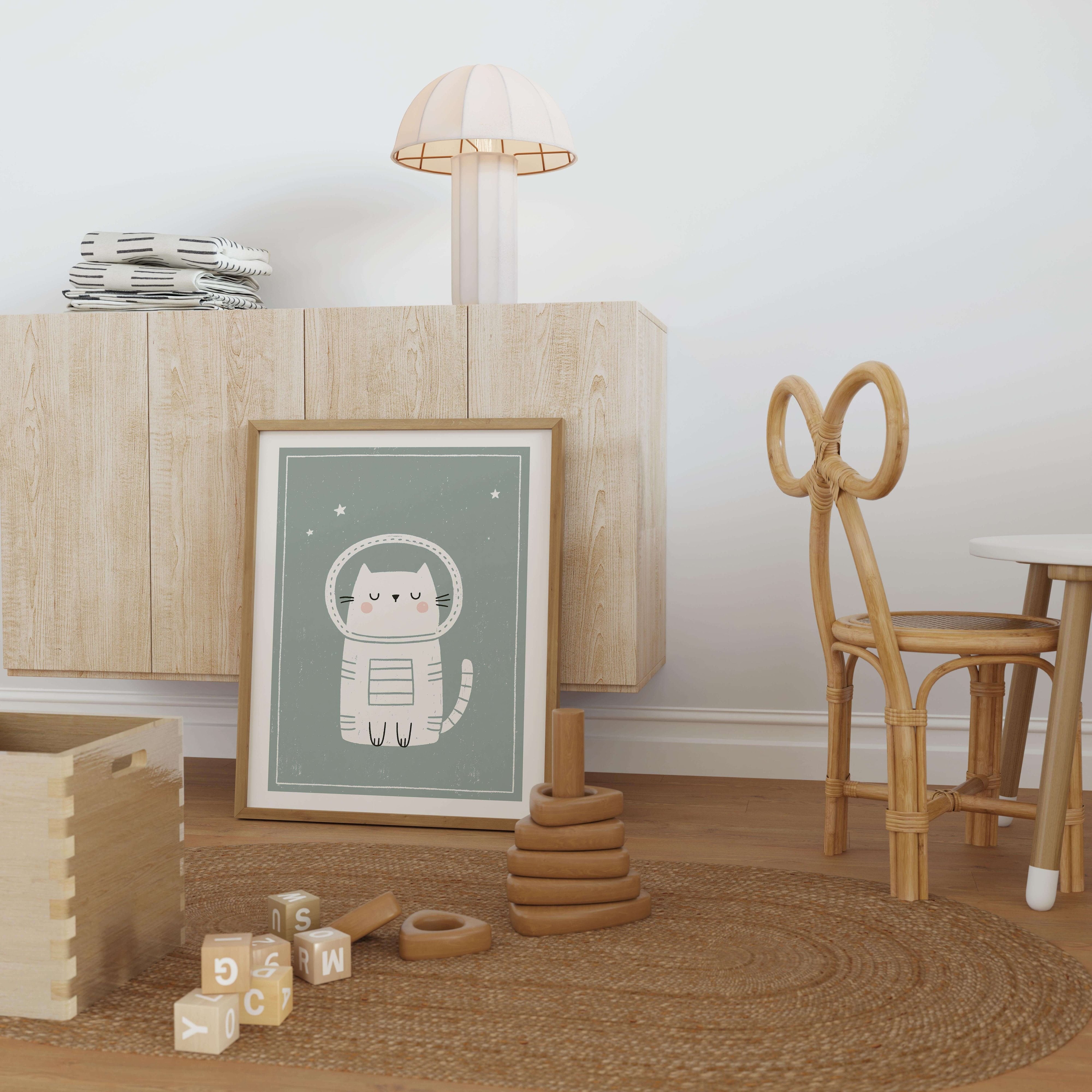 Space Cat Nursery Print - Framed Mockup