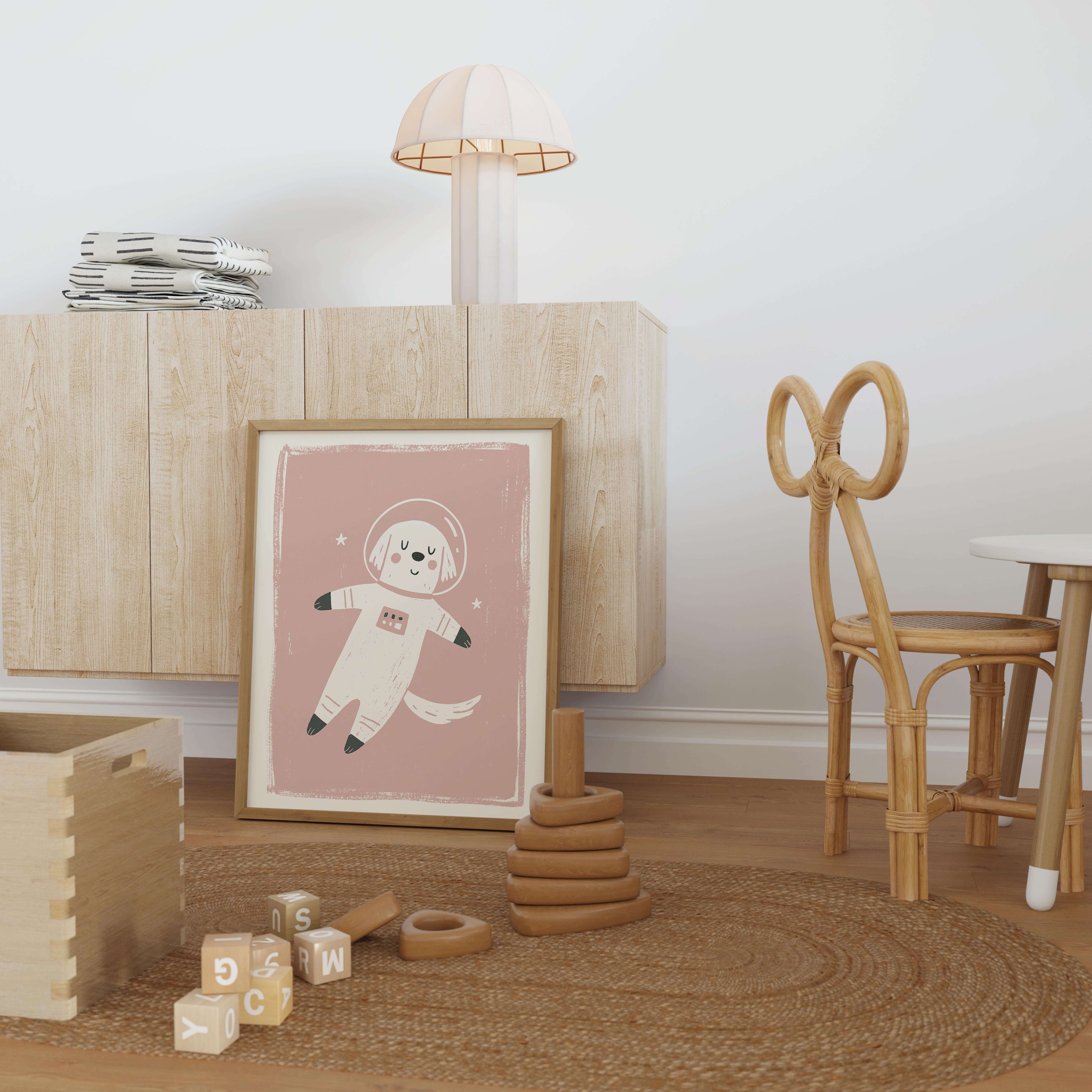 Space Dog Astronaut Nursery Print - Framed Mockup
