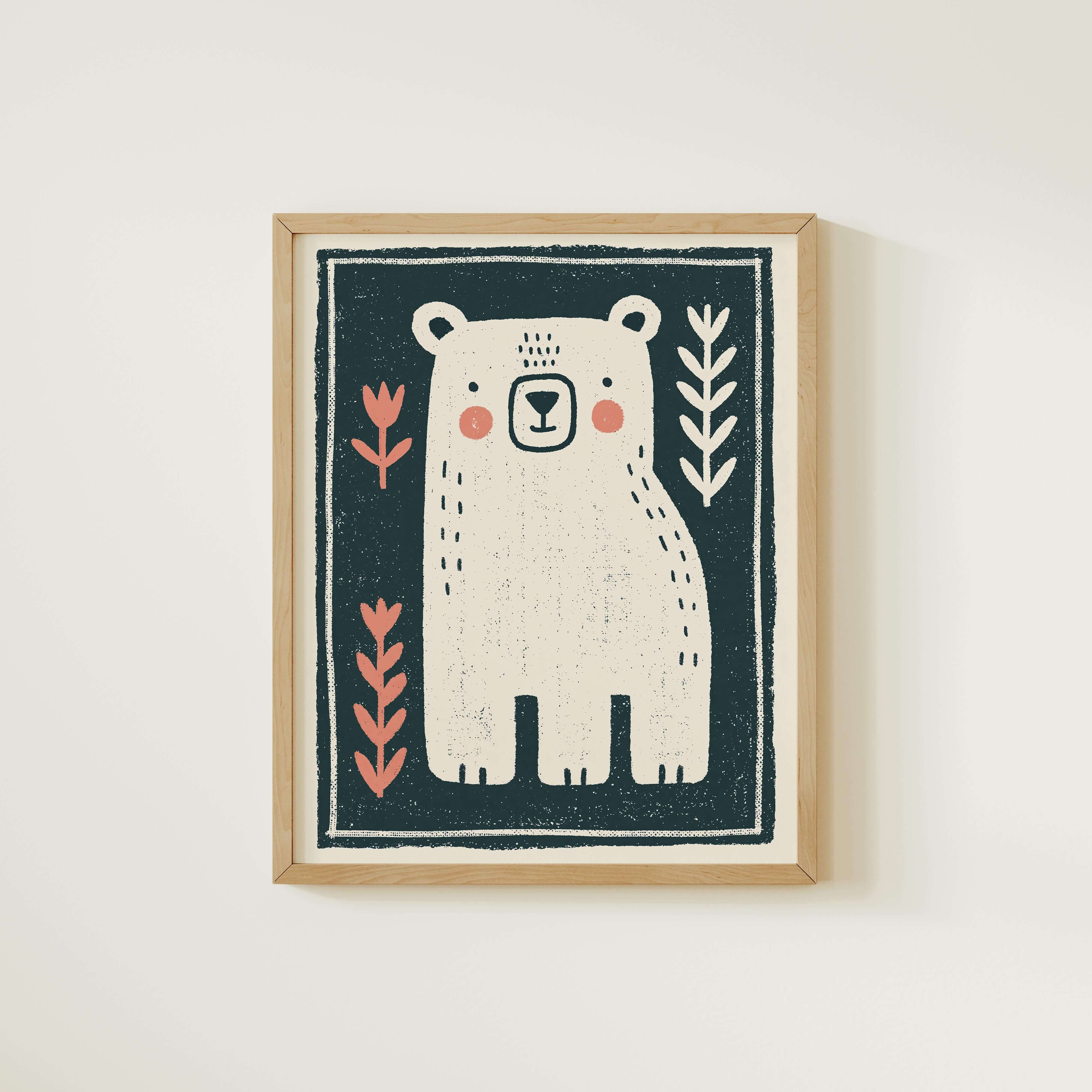 Woodland Bear Floral Nursery Print