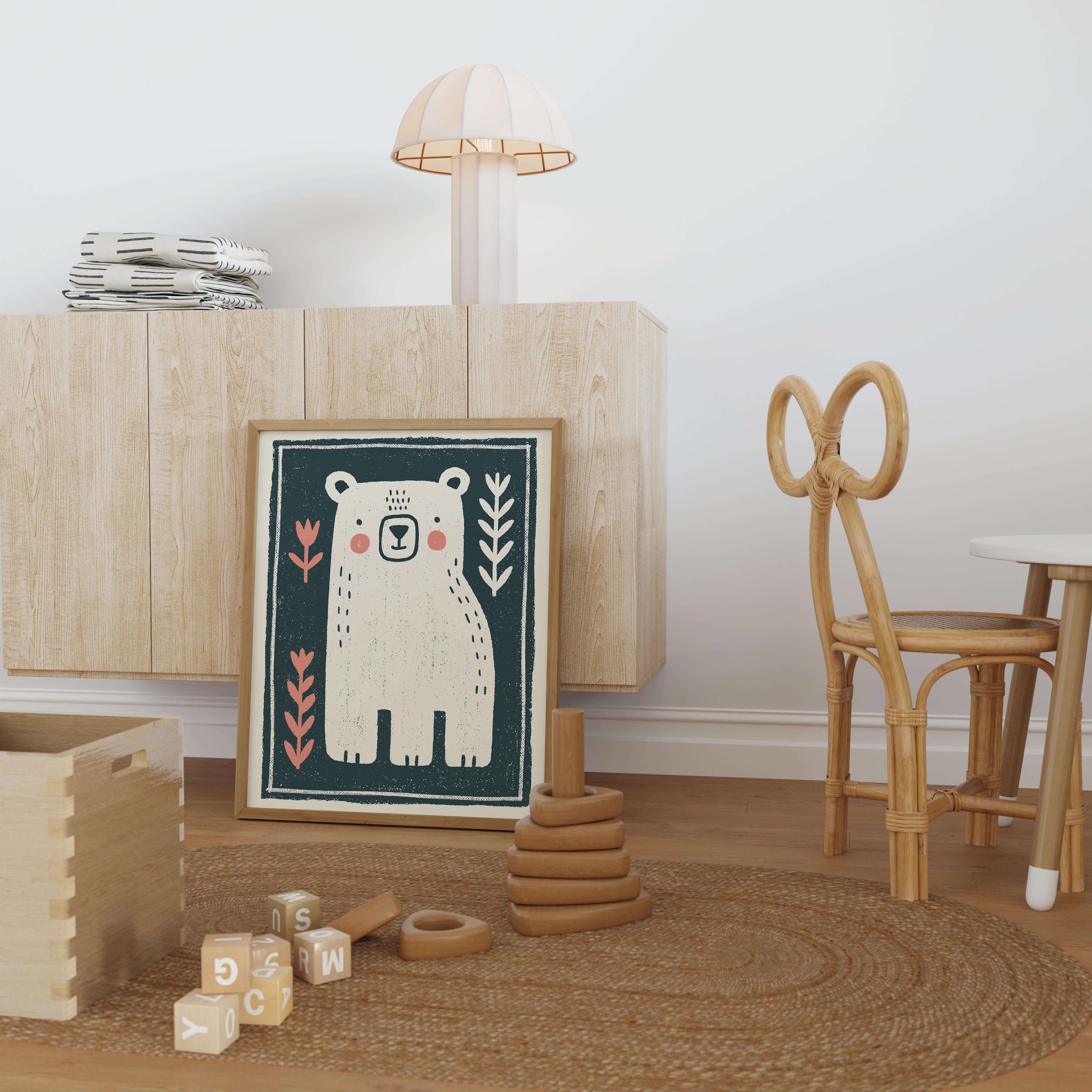 Woodland Bear Floral Nursery Print - Framed Mockup