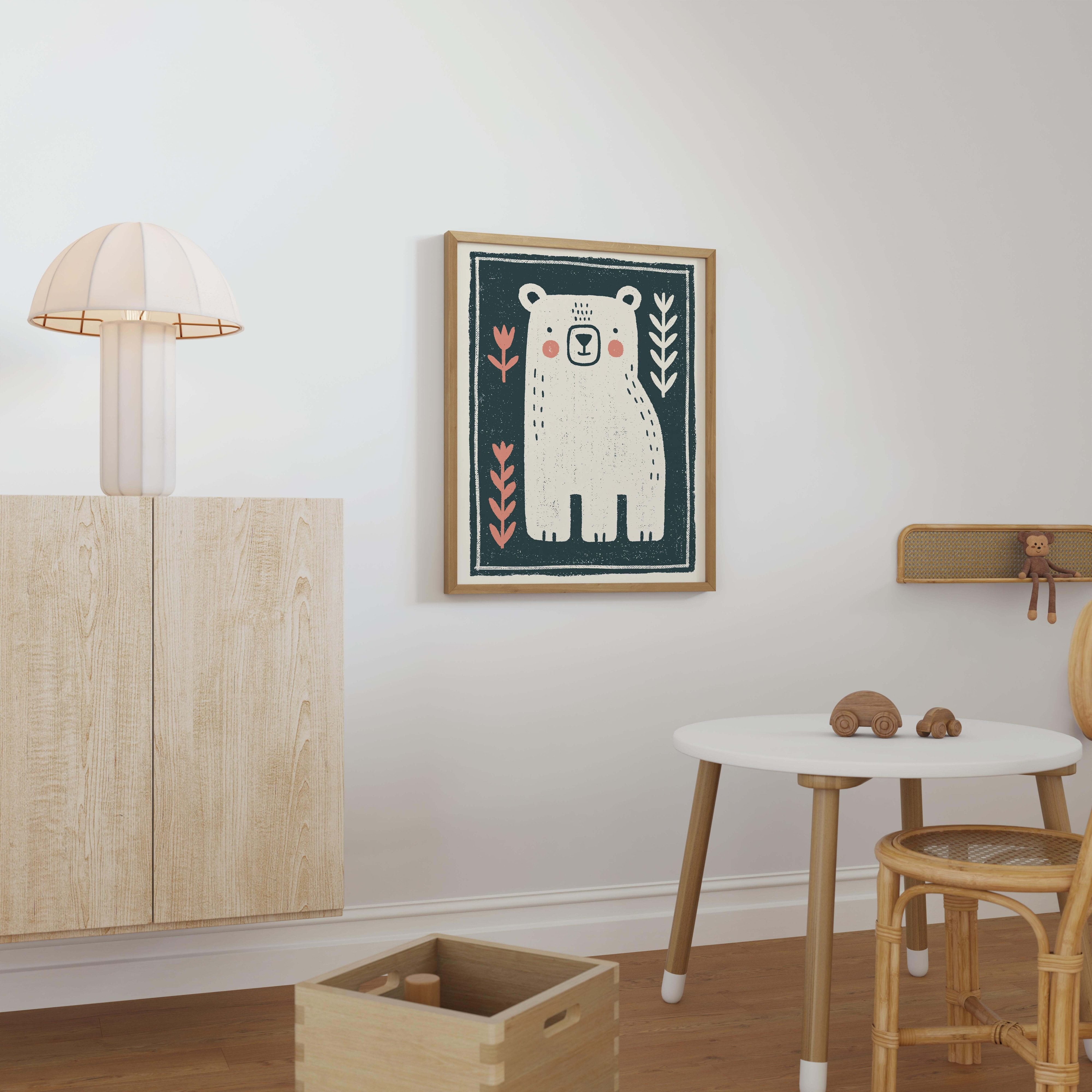 Woodland Bear Floral Nursery Print - Framed Mockup