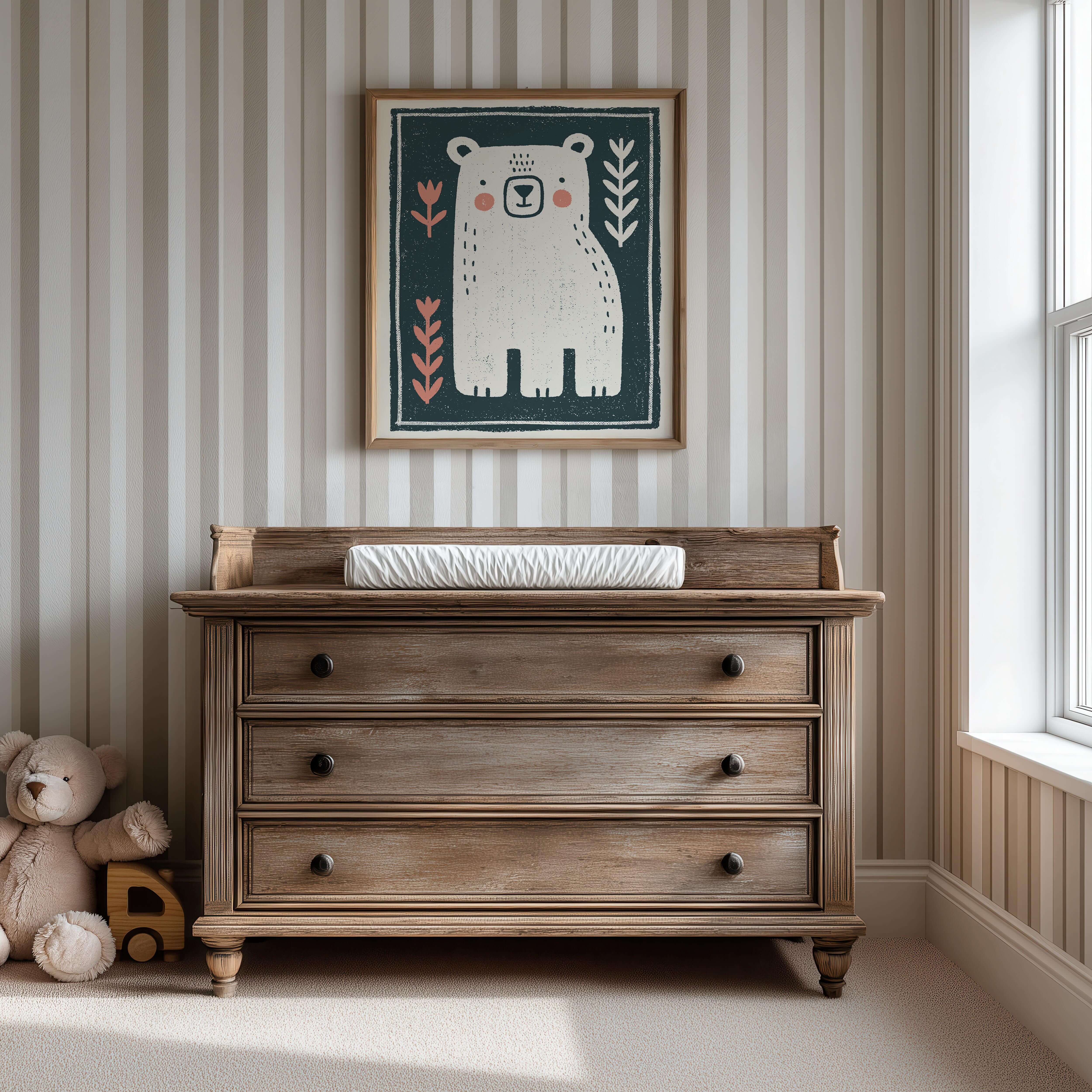 Woodland Bear Floral Nursery Print - Framed Mockup