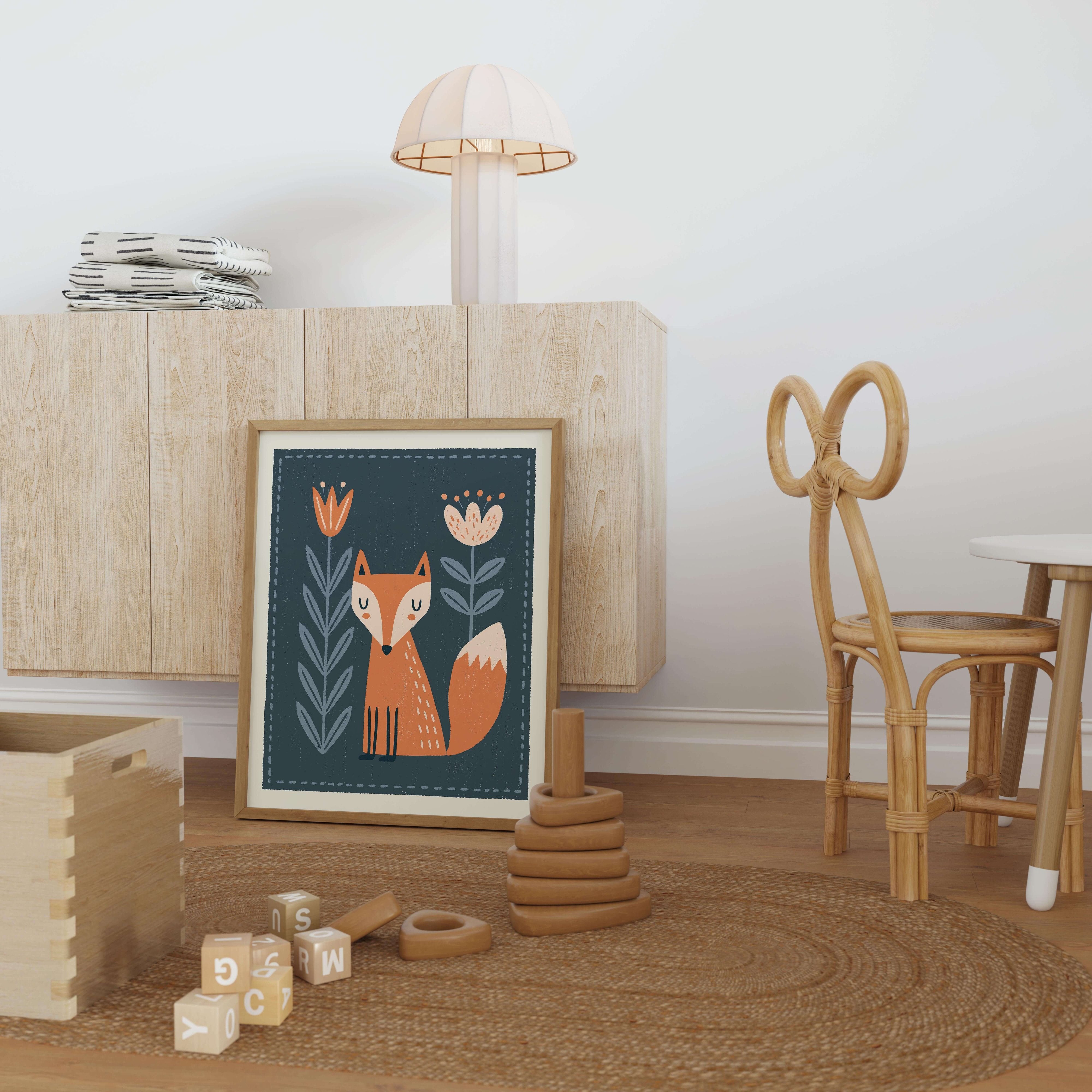 Woodland Fox Floral Nursery Print - Framed Mockup