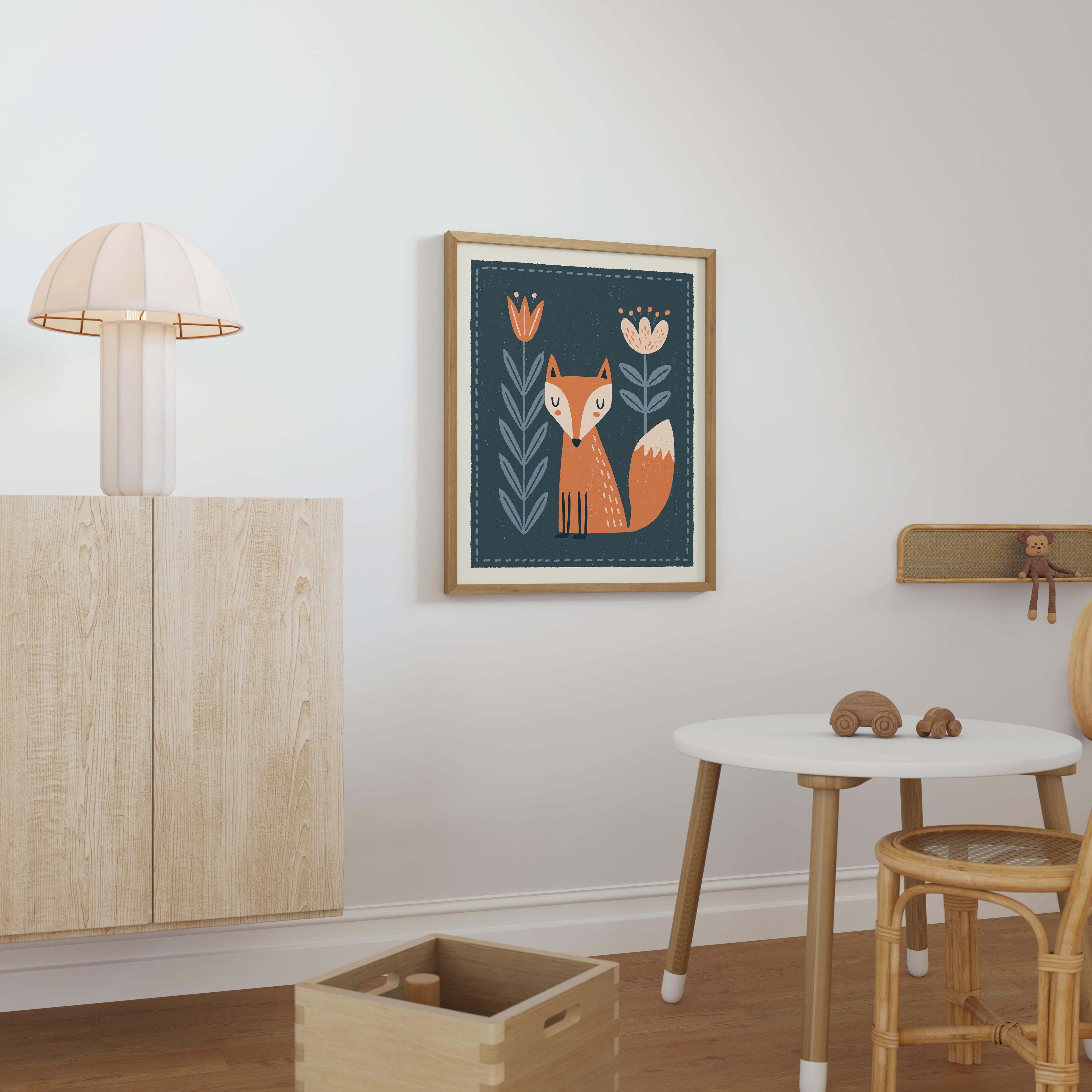 Woodland Fox Floral Nursery Print - Framed Mockup