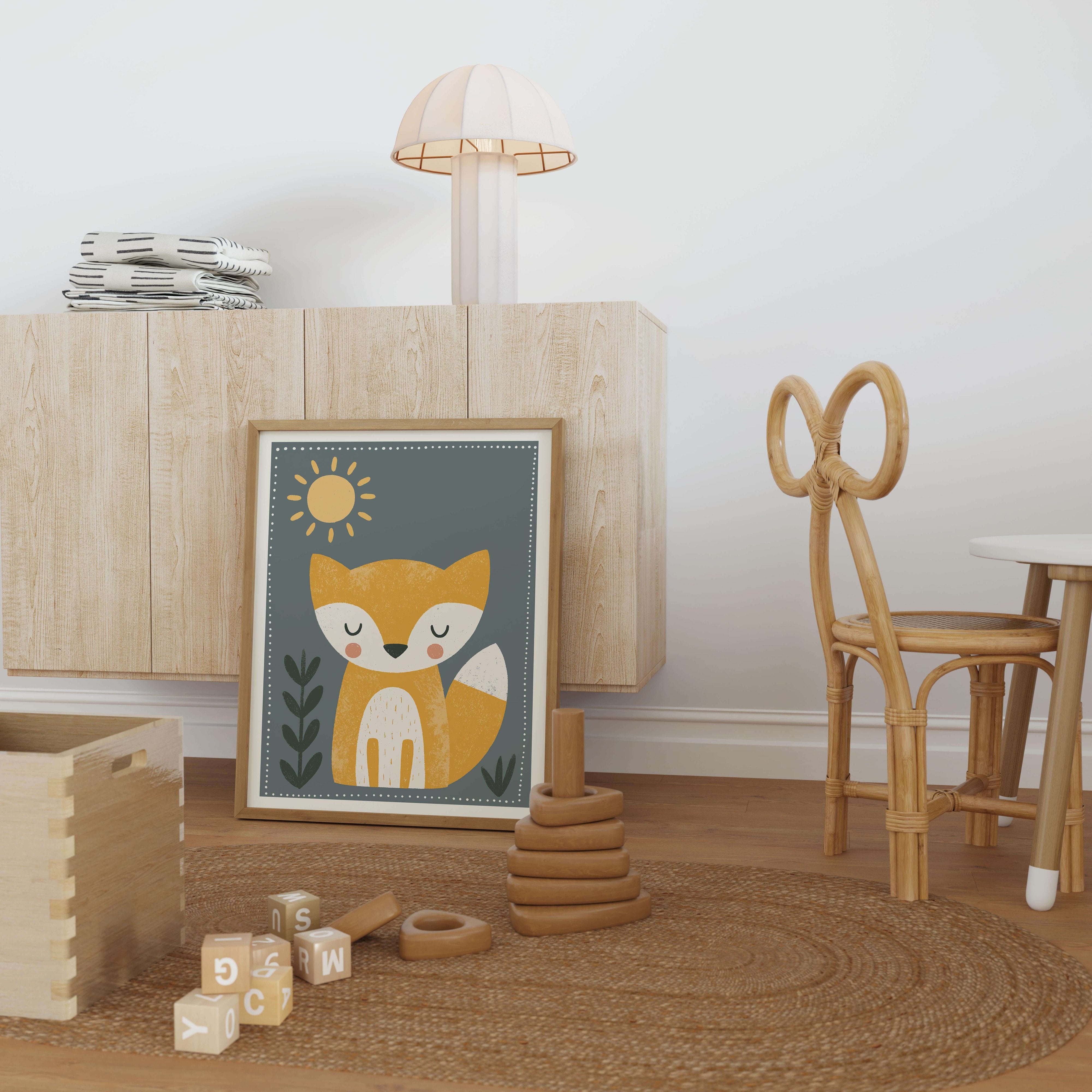 Woodland Fox Sun Nursery Print - Framed Mockup