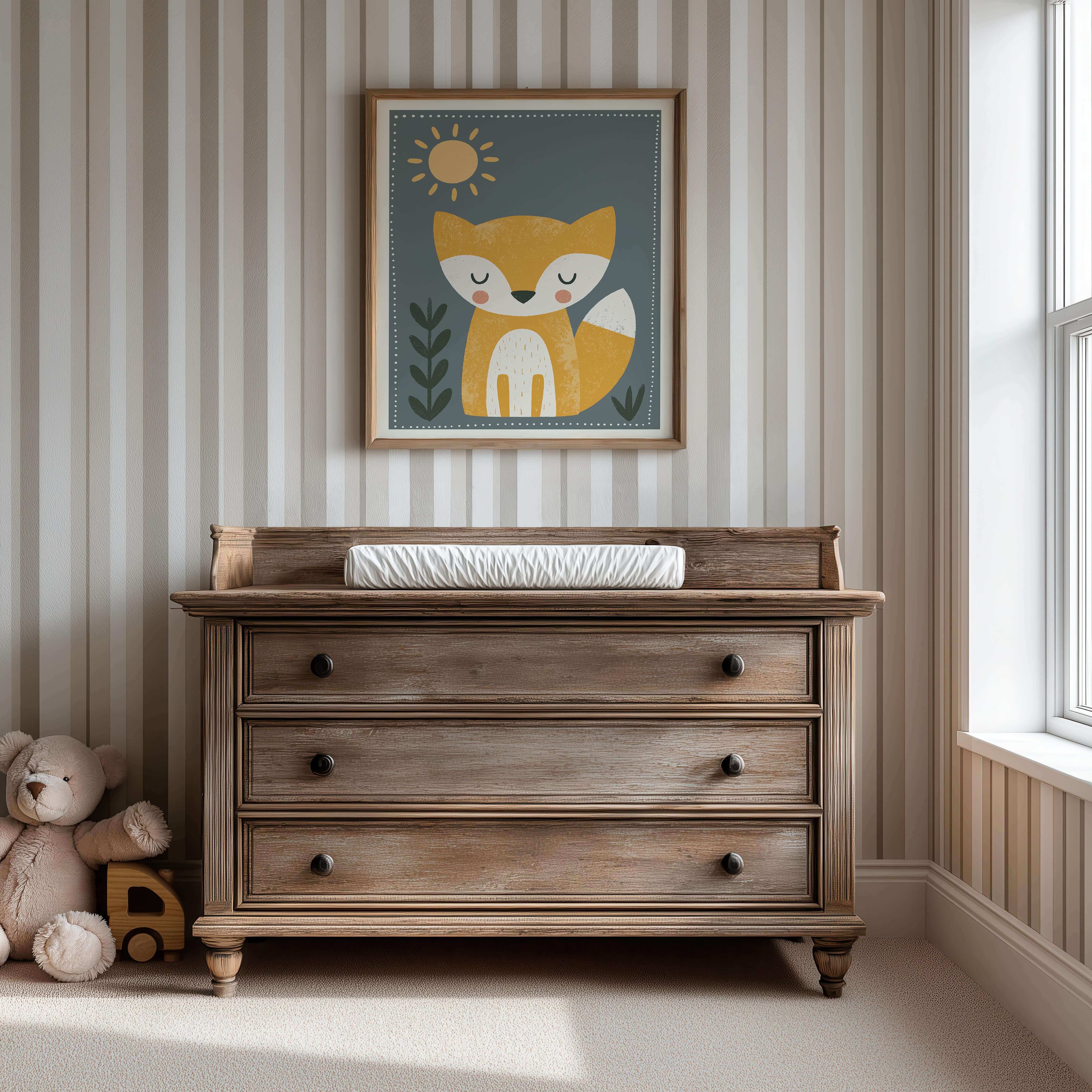 Woodland Fox Sun Nursery Print - Framed Mockup